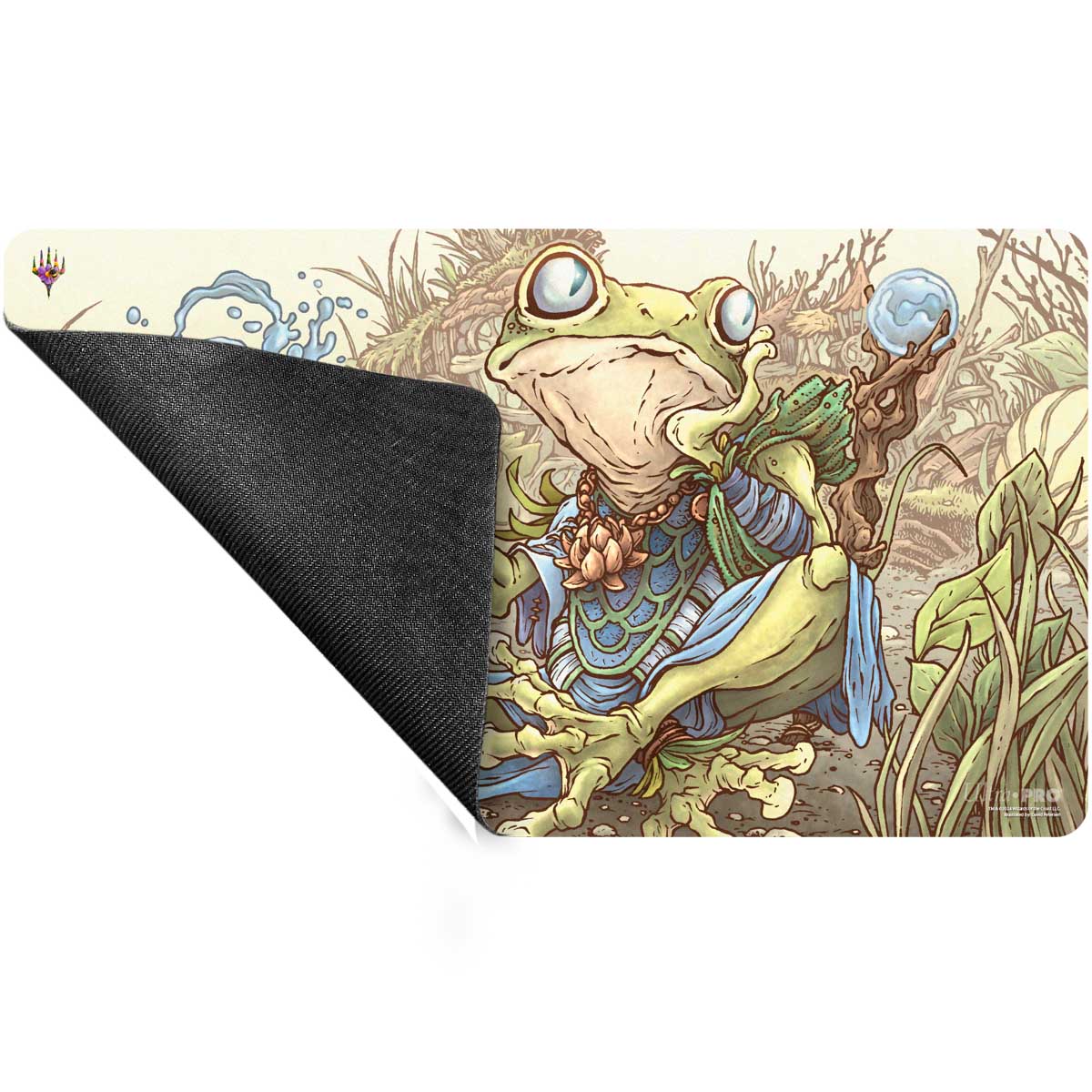 A fantasy art playmat featuring Helga, Skittish Seer, a frog wizard in blue robes holding a staff with a crystal ball. The playmat has a black rubber backing.
