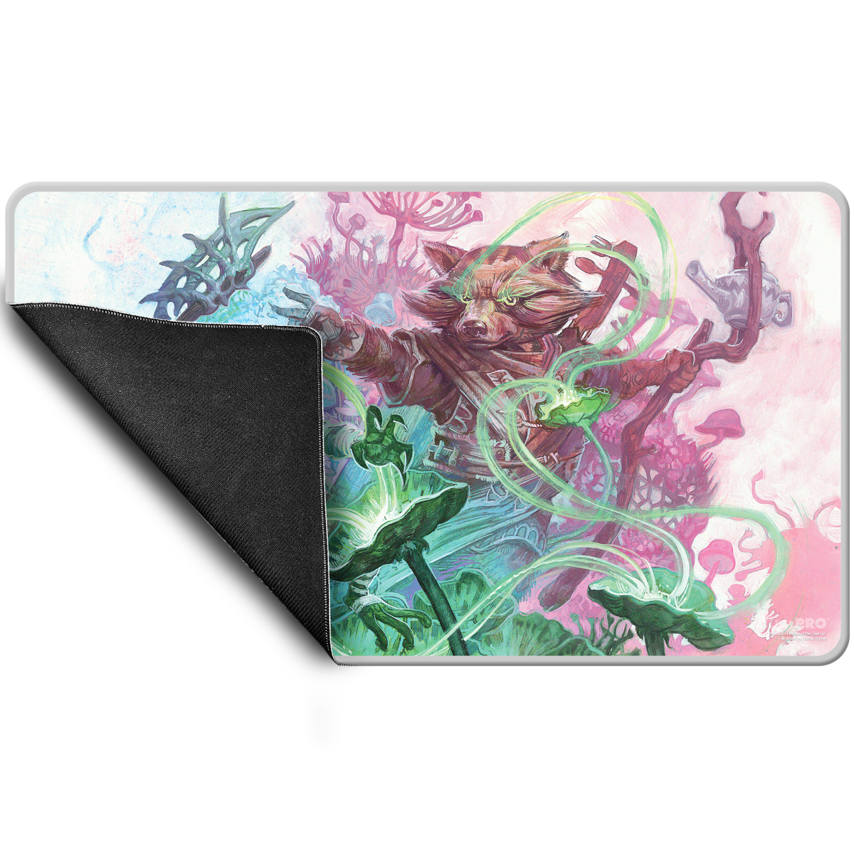 A colorful gaming playmat featuring a raccoon-like creature casting a spell in a magical forest. Brand: Ultra PRO, Item: Bloomburrow Sylvan Tutor Stitched Edge Standard Gaming Playmat.