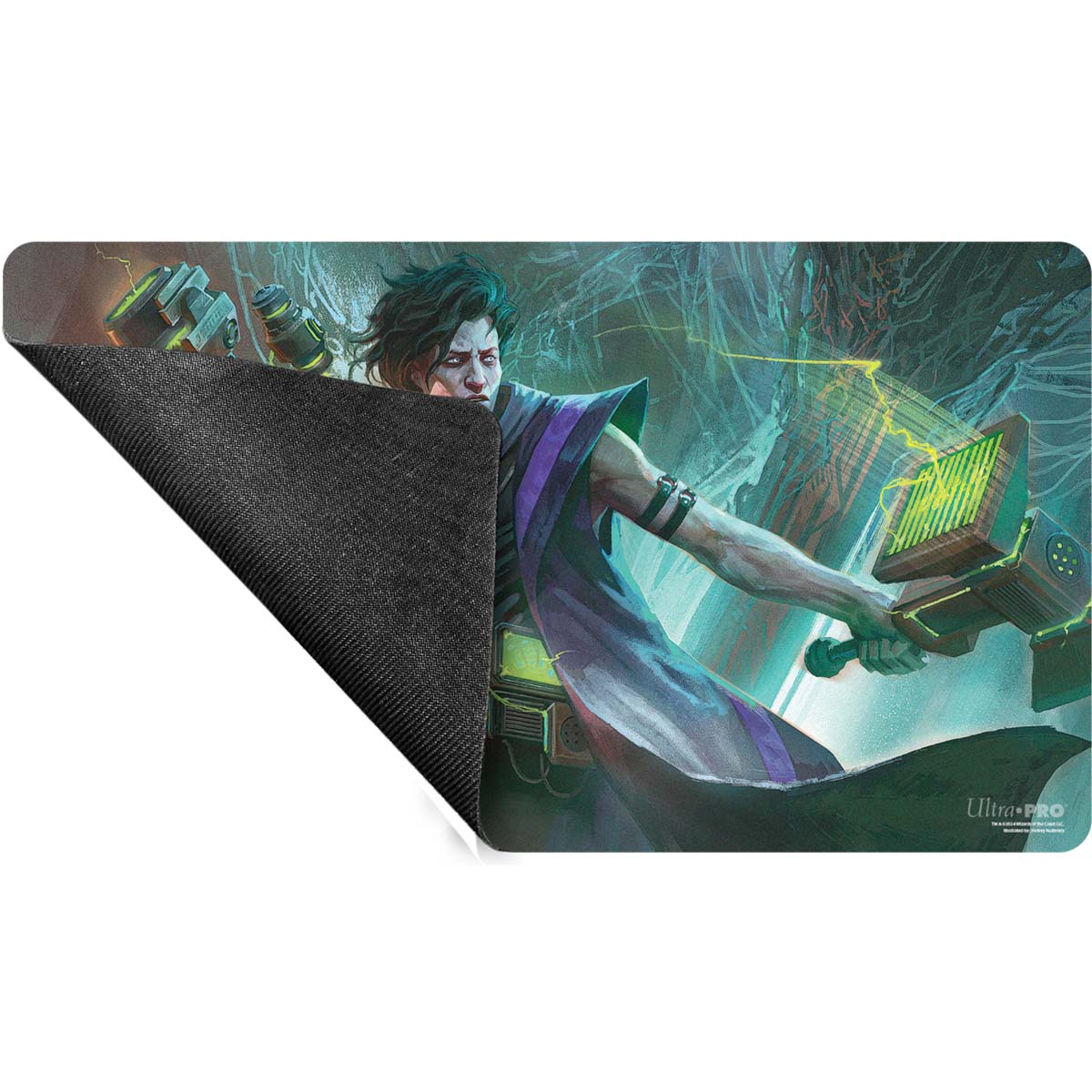 A gaming playmat featuring Duskmourn Winter, Cynical Opportunist from Magic: The Gathering. Brand: Ultra Pro.