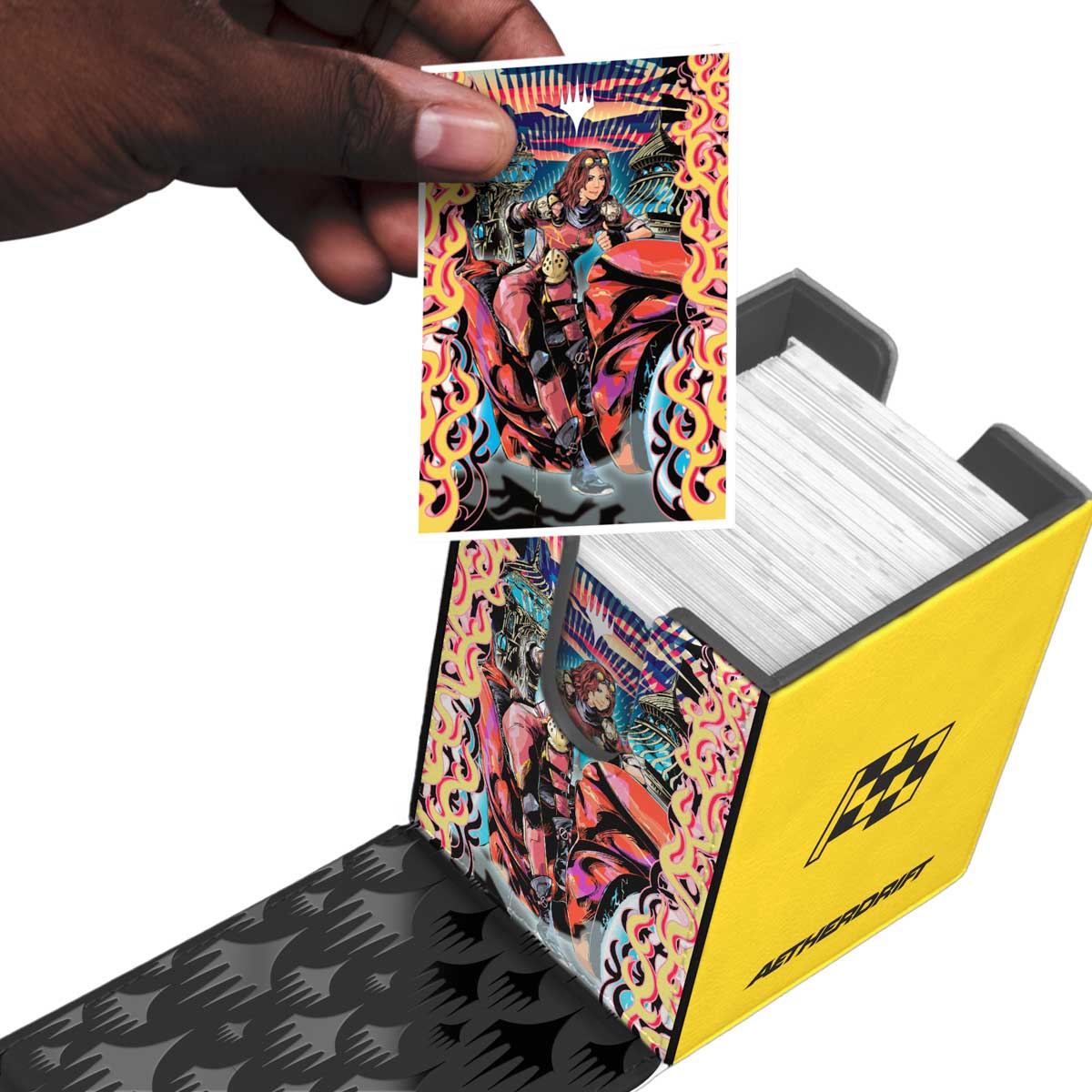 A yellow Aetherdrift Chandra, Spark Hunter ALCOVE Flip DECK BOX for Magic: The Gathering. Brand: Ultra PRO, Item: Aetherdrift Chandra, Spark Hunter ALCOVE Flip DECK BOX.