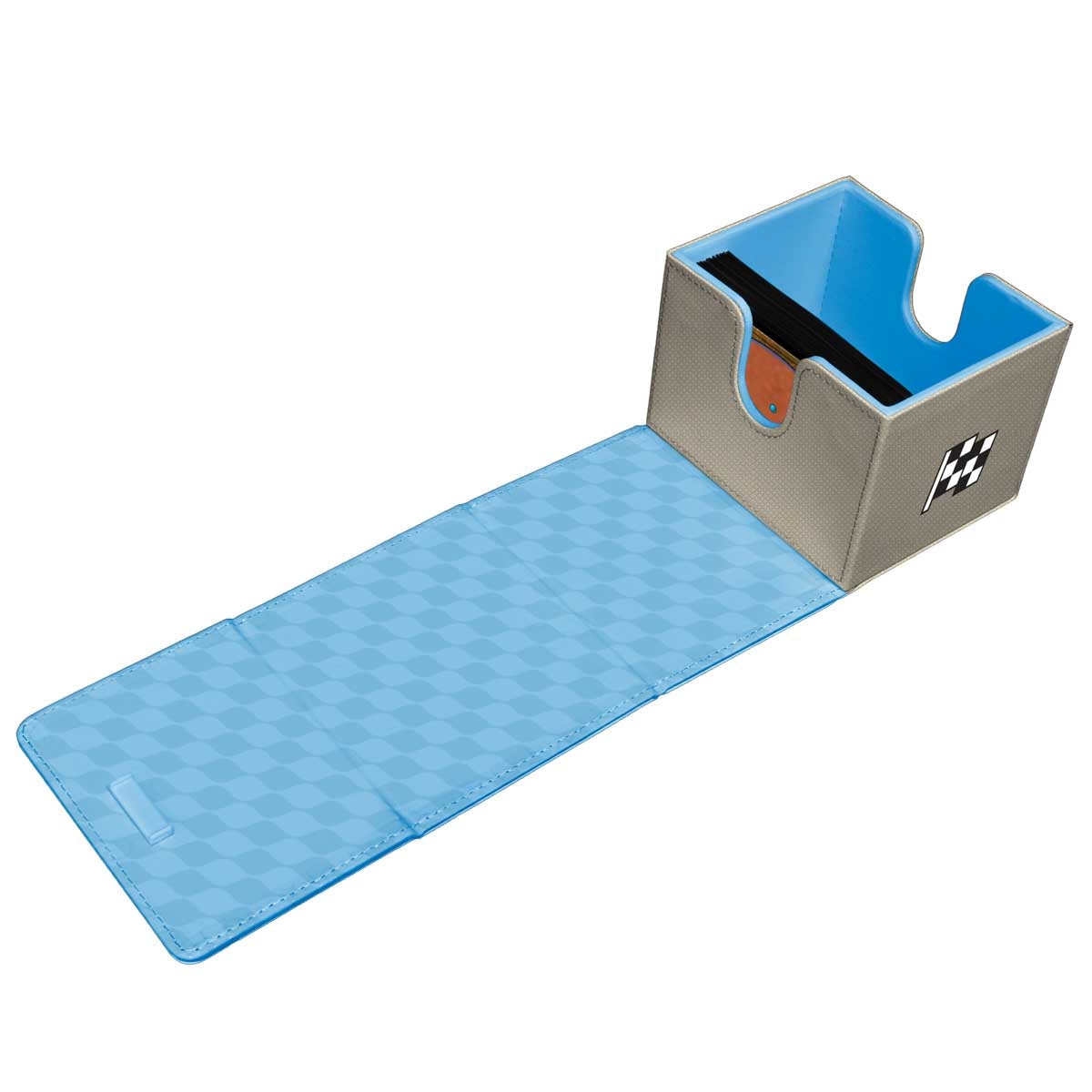 A grey and blue Aetherdrift Finish Line Bundle Premium ALCOVE Edge DECK BOX for Magic: The Gathering. Brand: Ultra PRO, Item: Aetherdrift Finish Line Bundle Premium ALCOVE Edge DECK BOX.