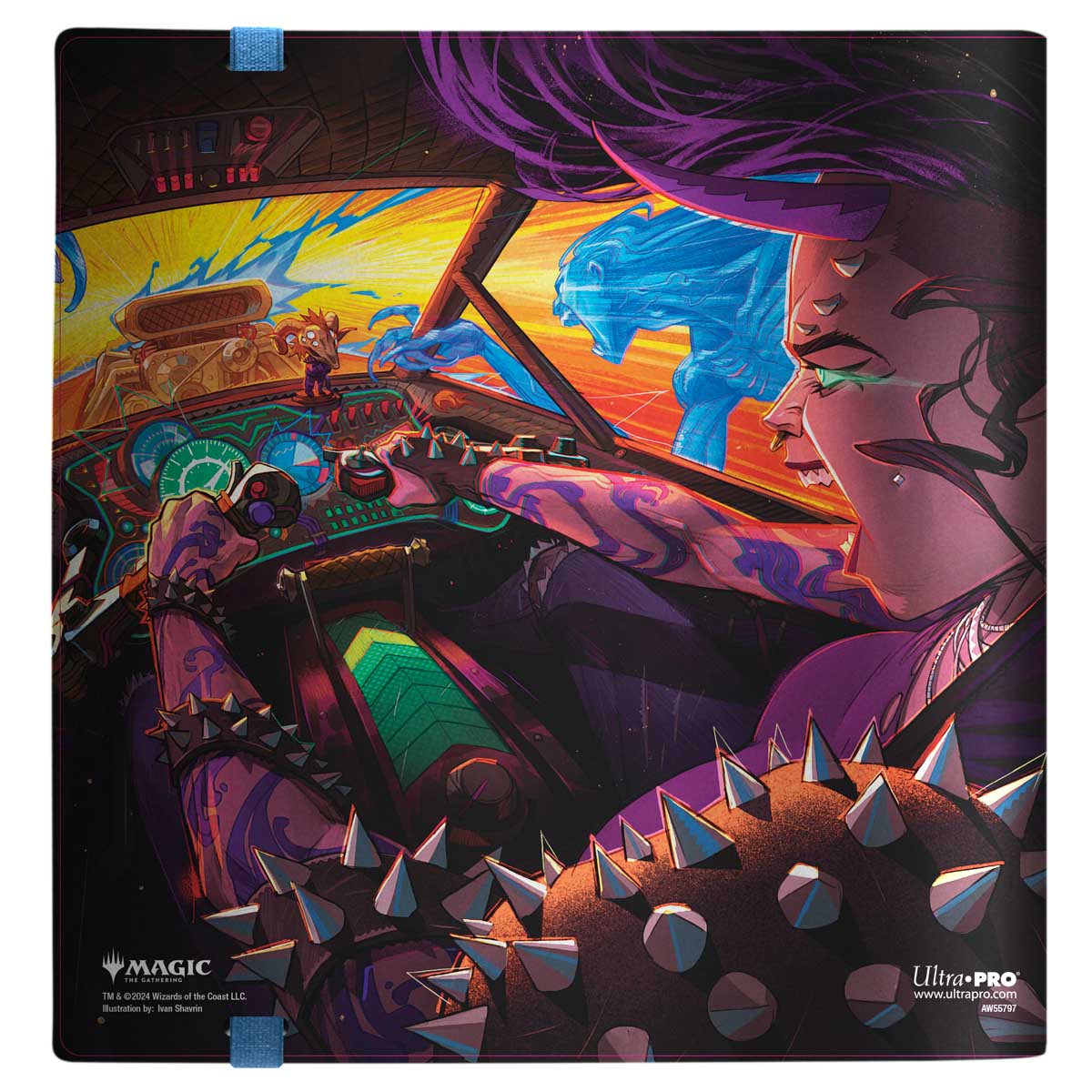 A purple and blue Aetherdrift TXX art 12-Pocket PRO-BINDER for Magic: The Gathering. Brand: Ultra PRO, Item: Aetherdrift TXX Packaging Collector Key Art 12-Pocket PRO-BINDER.