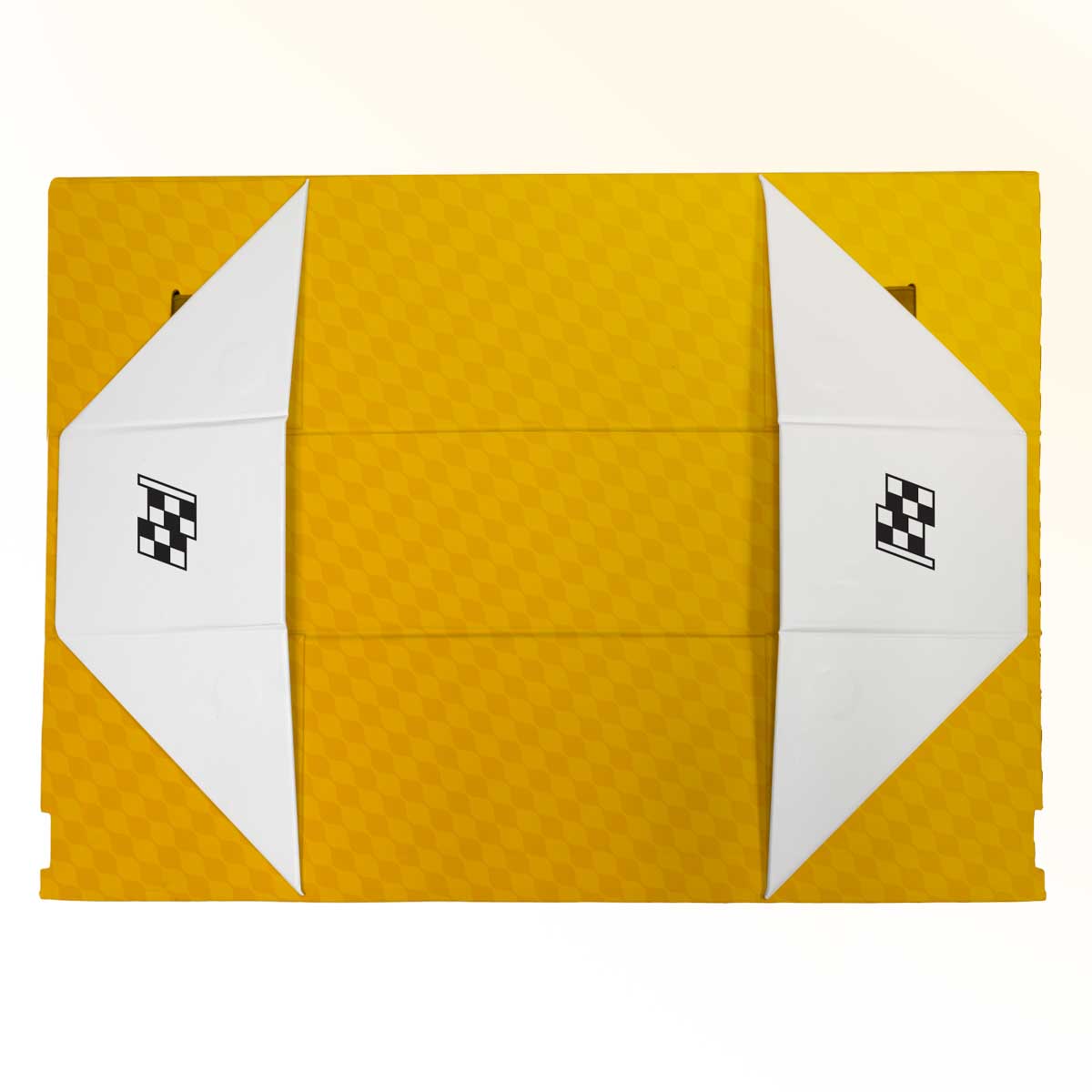 A yellow Aetherdrift Finish Line Bundle 500+ FLAT PACK Storage Box for Magic: The Gathering.