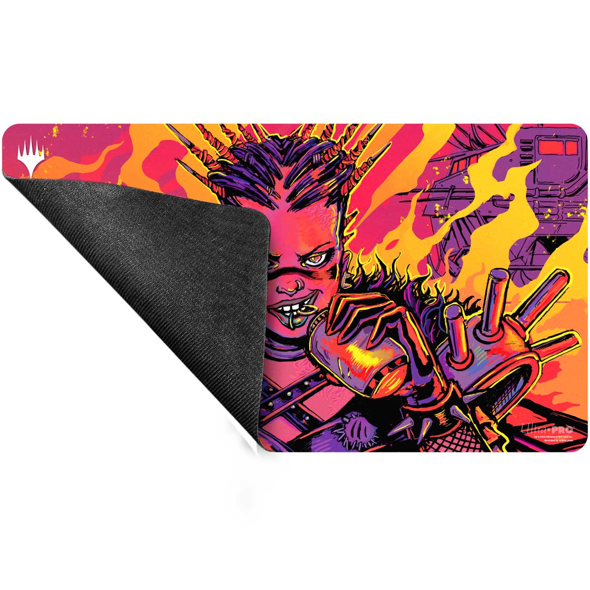 A vibrant, stylized playmat featuring a punk-inspired character with spiky hair and piercings, holding a futuristic device, with flames and a train in the background. Brand: Ultra PRO, Item: Aetherdrift Far Fortune, End Boss Playmat for Magic: The Gathering.