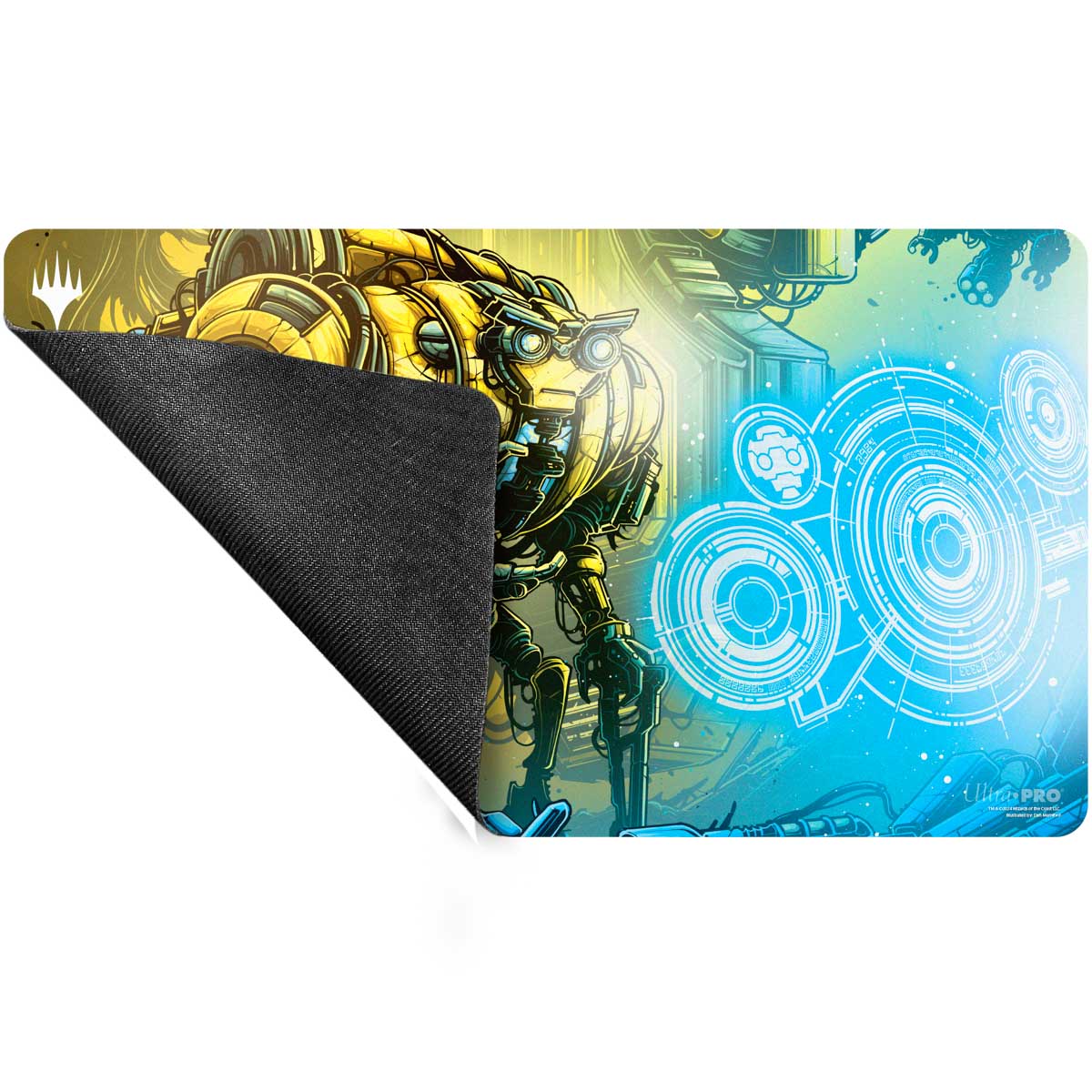 A yellow and blue Aetherdrift Mendicant Core Guidelight Playmat for Magic: The Gathering. Brand: Ultra PRO, Item: Aetherdrift Mendicant Core Guidelight Playmat.