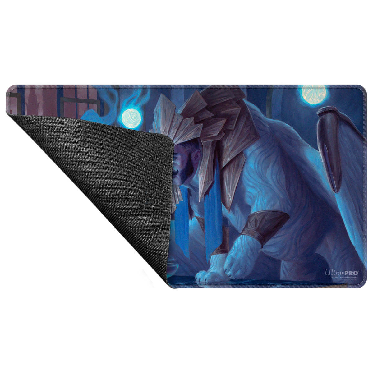 A blue and white illustrated playmat featuring Tivit, Seller of Secrets from Magic: The Gathering. The back of the playmat is black and textured. Brand: Ultra-Pro.