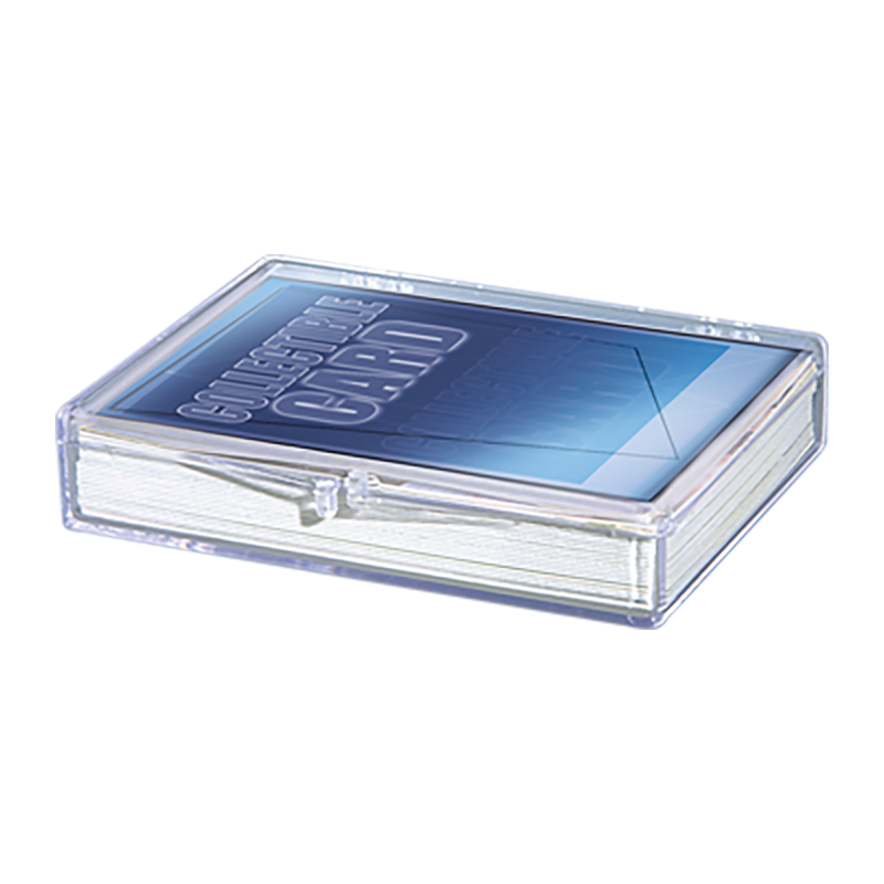 A clear plastic hinged 35 card storage case. Brand: Ultra PRO, Item: Hinged 35 Card Storage Case.