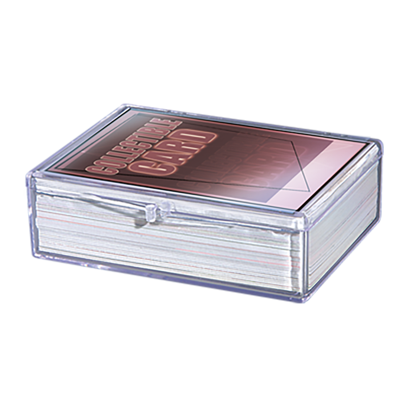 A clear plastic hinged 50 card storage case for collectible cards. Brand: Ultra PRO, Item: Hinged 50 Card Storage Case.
