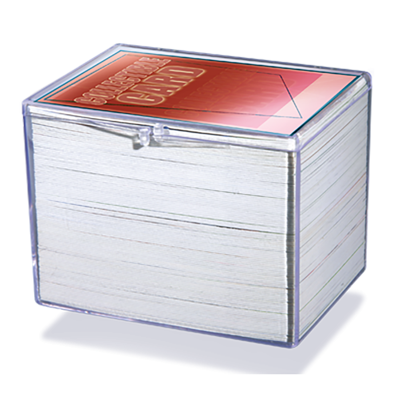 A clear plastic hinged 150 card storage case for collectible cards. Brand: Ultra PRO, Item: Hinged 150 Card Storage Case.