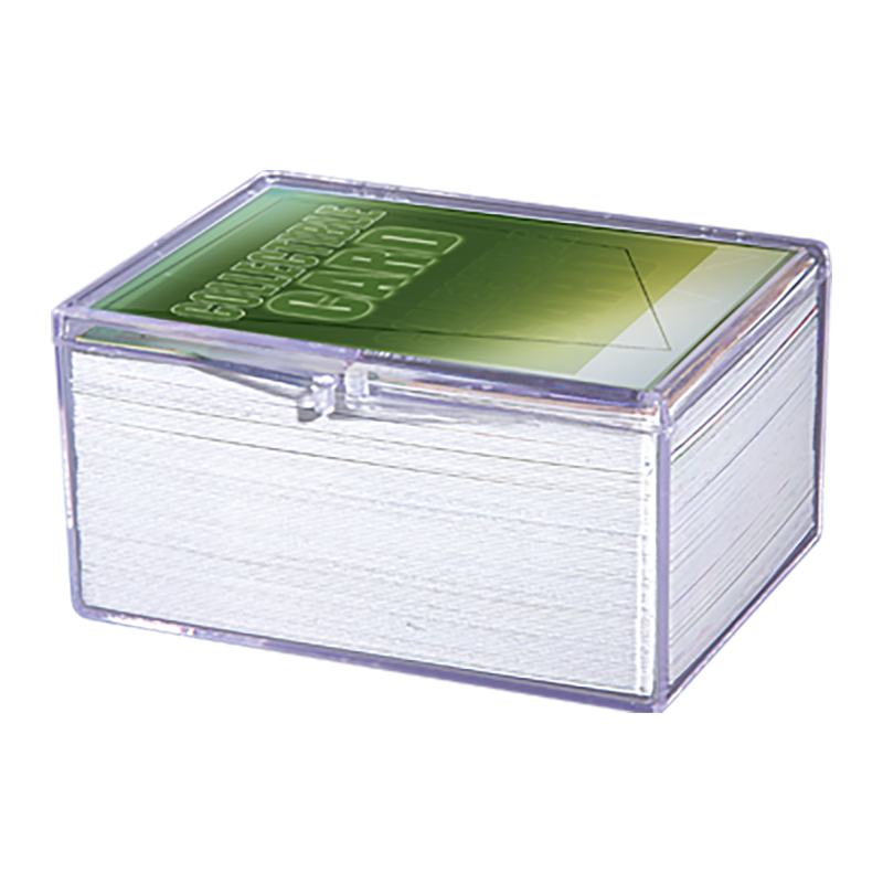 A clear hinged 100 card storage case. Brand: Ultra PRO, Item: Hinged 100 Card Storage Case.