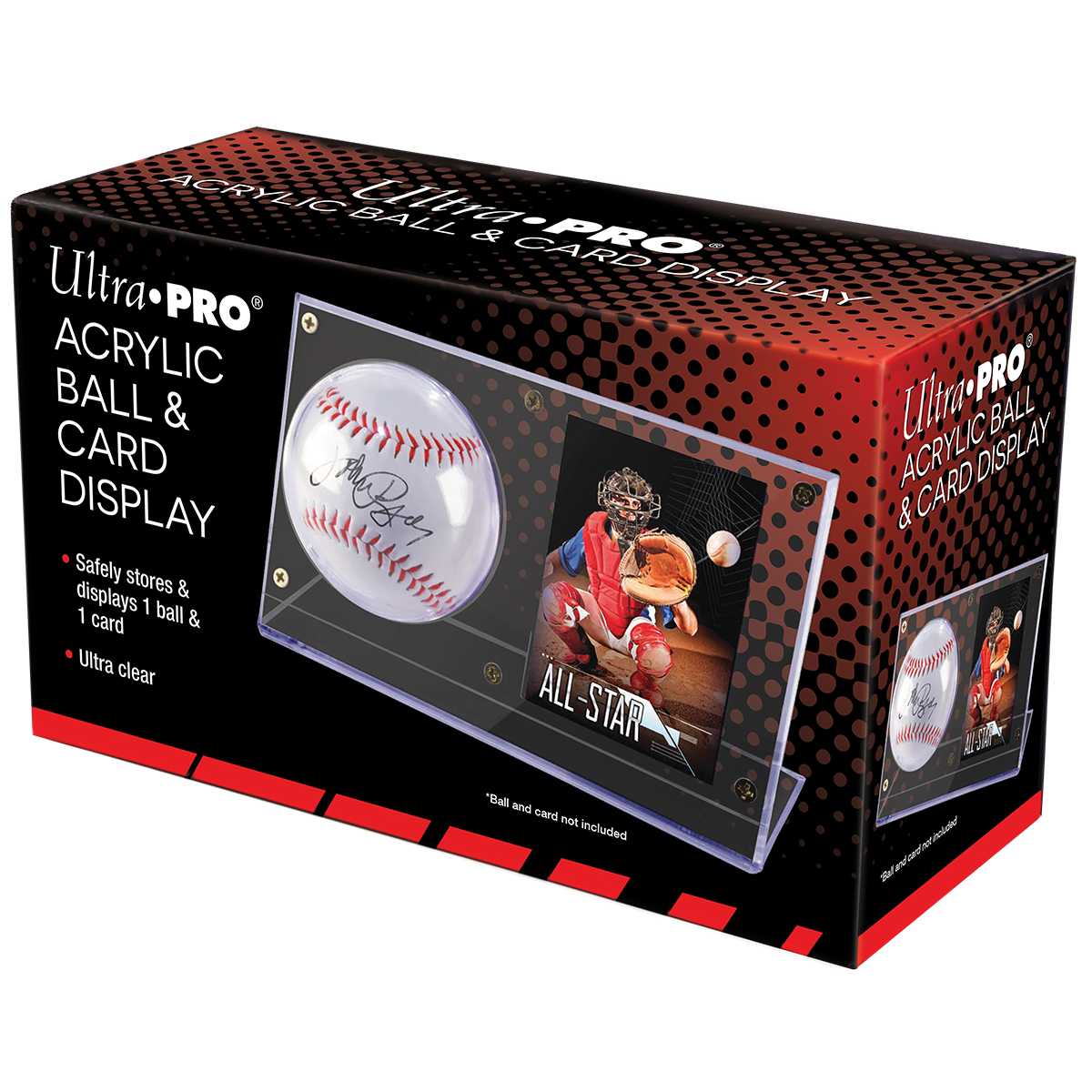 A clear acrylic baseball and card display holder. Brand: Ultra-PRO, Item: Baseball & Card Clear Display Holder.