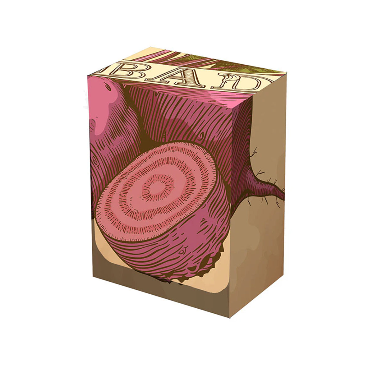 A brown and pink beet-themed deck box. Brand: Legion Supplies, Item: Bad Beets Card Box.