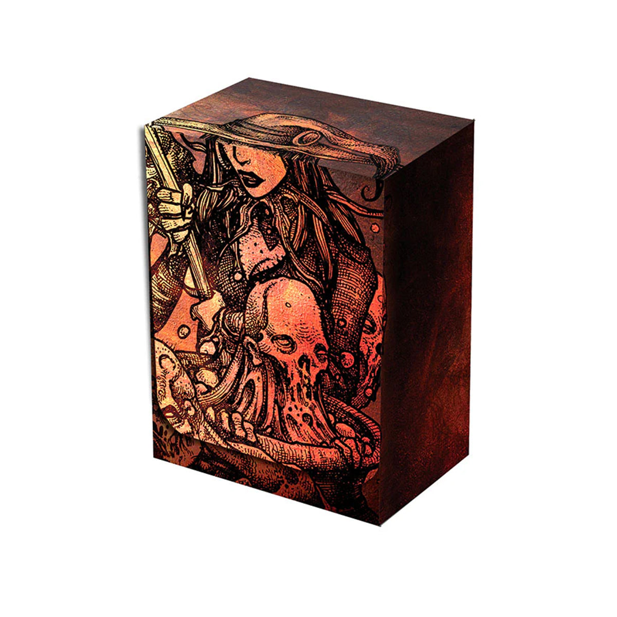 A dark, illustrative deck box featuring a witch-like figure holding a staff and surrounded by skulls. Brand: Legion Supplies, Item: Cauldron Card Box.