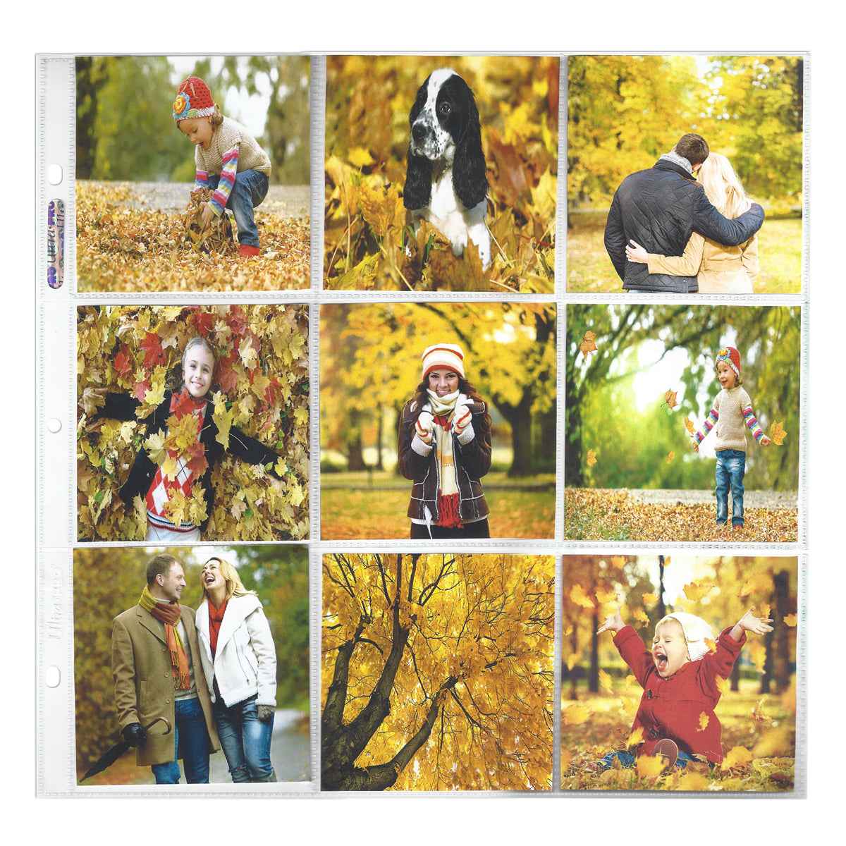 A clear 12" x 12" 9-Pocket Page protector for 4" x 4" prints. Brand: Ultra PRO, Item: 12" x 12" 9-Pocket Pages (10ct) for 4" x 4" Prints.