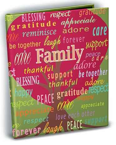 A pink and green photo album with the word "Family" in large letters surrounded by other positive words like "love," "peace," and "blessing."