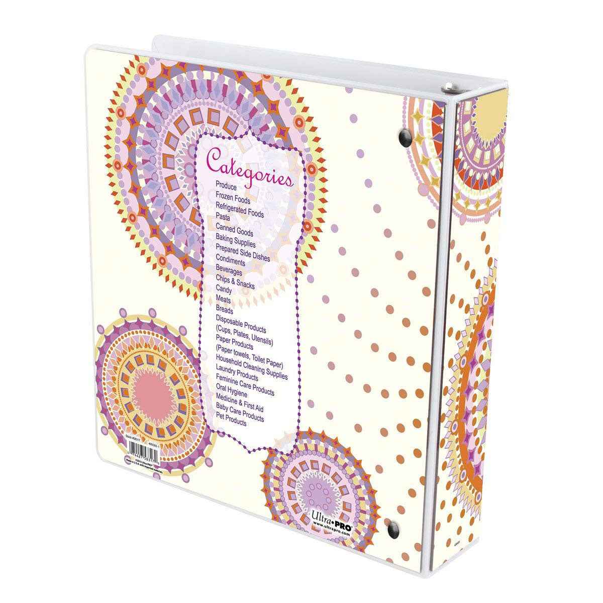 A cream-colored 3-ring binder with a Southwest-inspired mandala design. The binder features a list of categories for organizing coupons, such as Produce, Frozen Foods, and Laundry Products. Brand: Ultra PRO.
