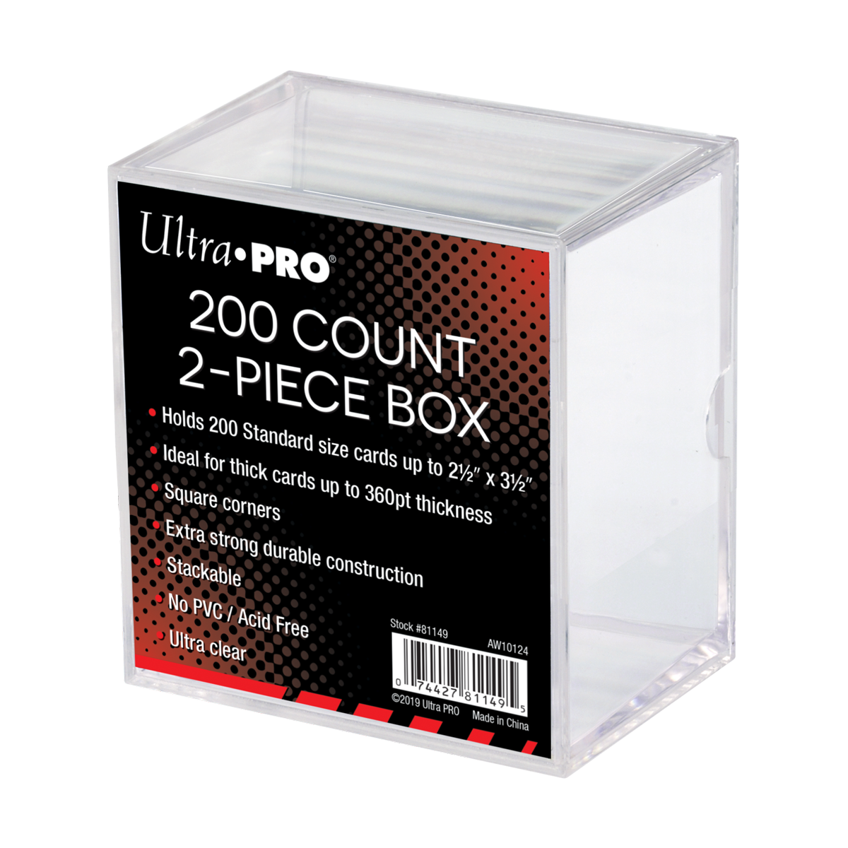 A clear 200 Count 2-Piece Card Storage Box. Brand: Ultra PRO, Item: 200 Count 2-Piece Clear Card Storage Box.