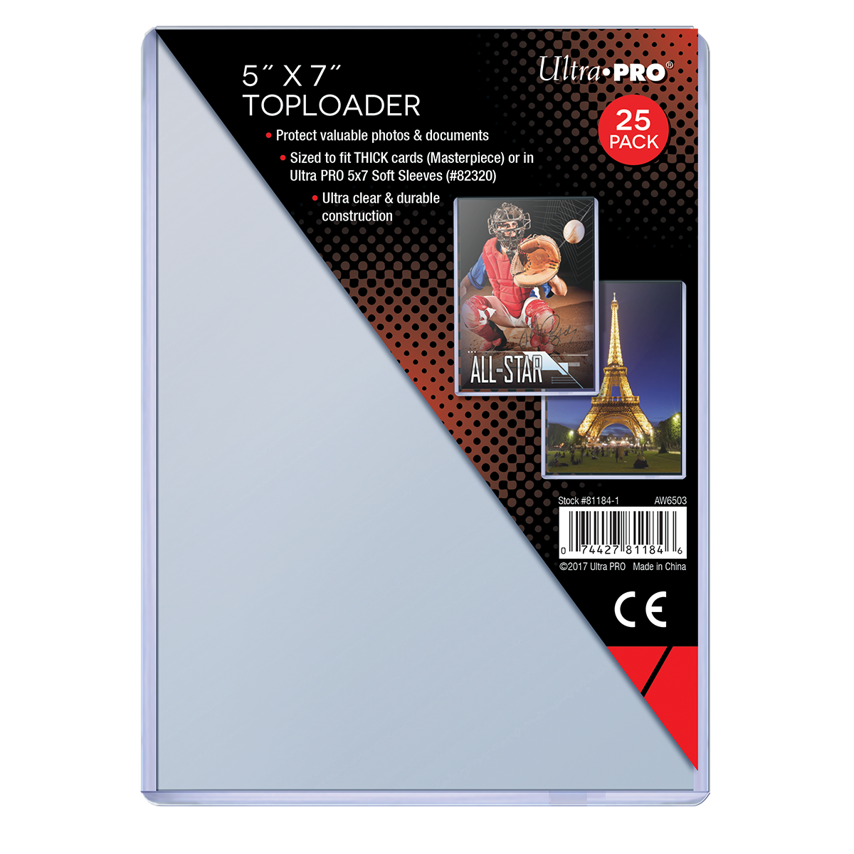 A clear 5" x 7" Toploader. Brand: Ultra PRO, Item: 5" x 7" Toploader Sleeves (25ct)