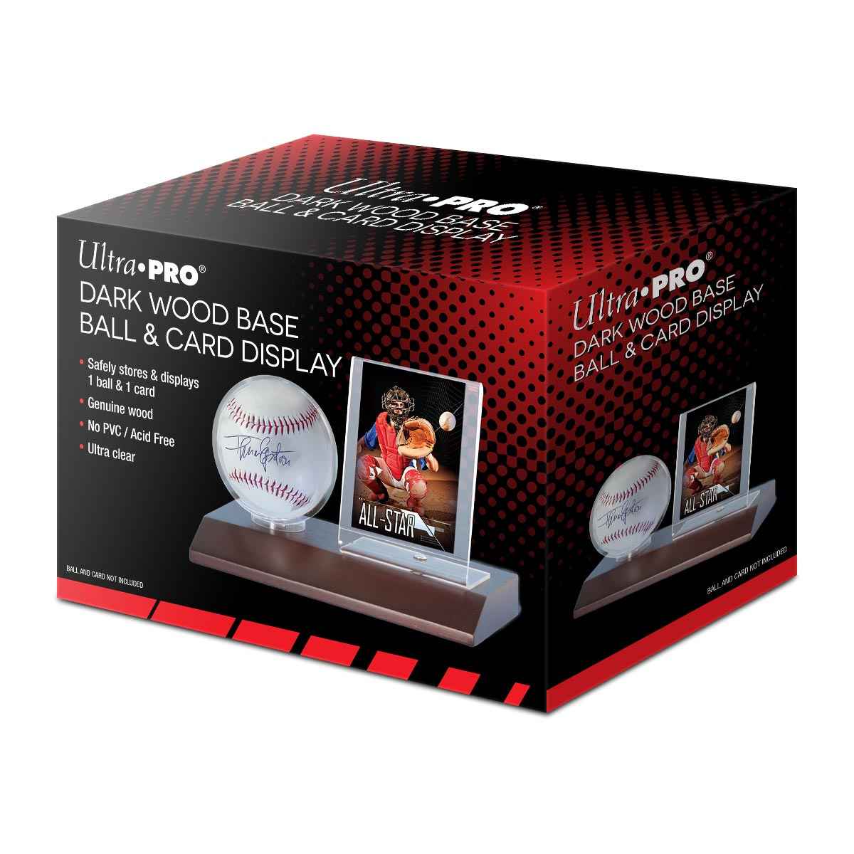 A Dark Wood Baseball & Card Display Holder. Brand: Ultra Pro, Item: Baseball & Card Dark Wood Display Holder.