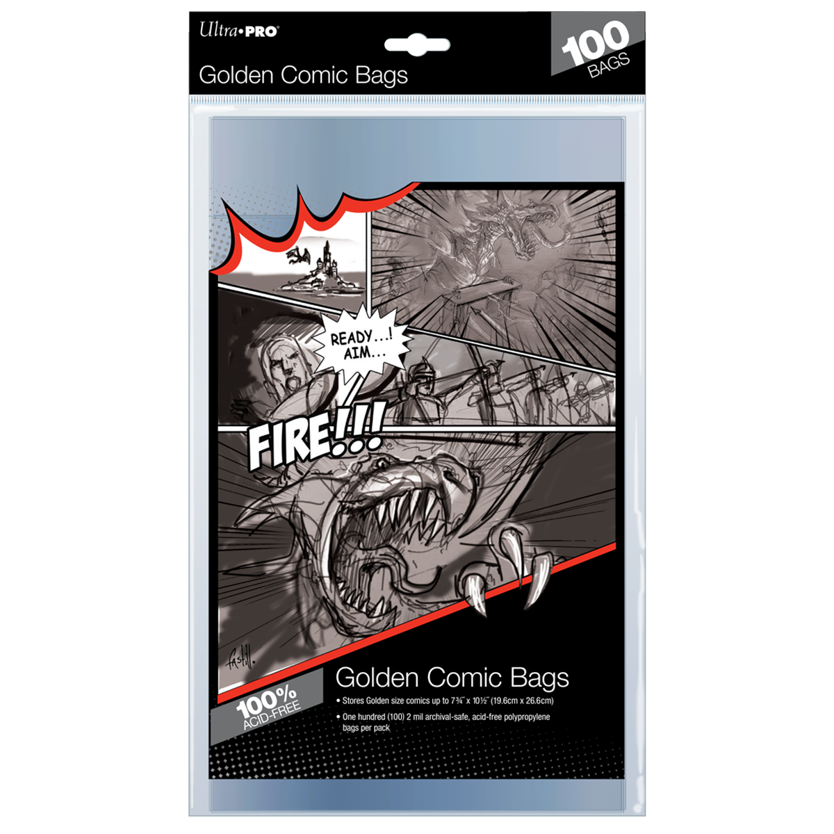 A clear plastic bag with a comic book illustration of a dragon fight. Brand: Ultra PRO, Item: Golden Age Size Comic Bags (100ct).