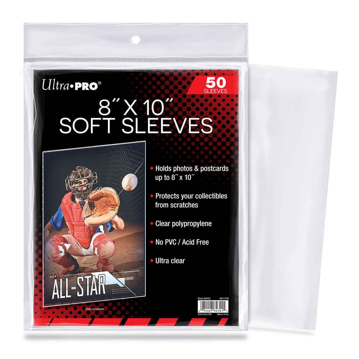 A clear Ultra PRO 8" x 10" Soft Sleeves (50ct) for Photos & Postcards.