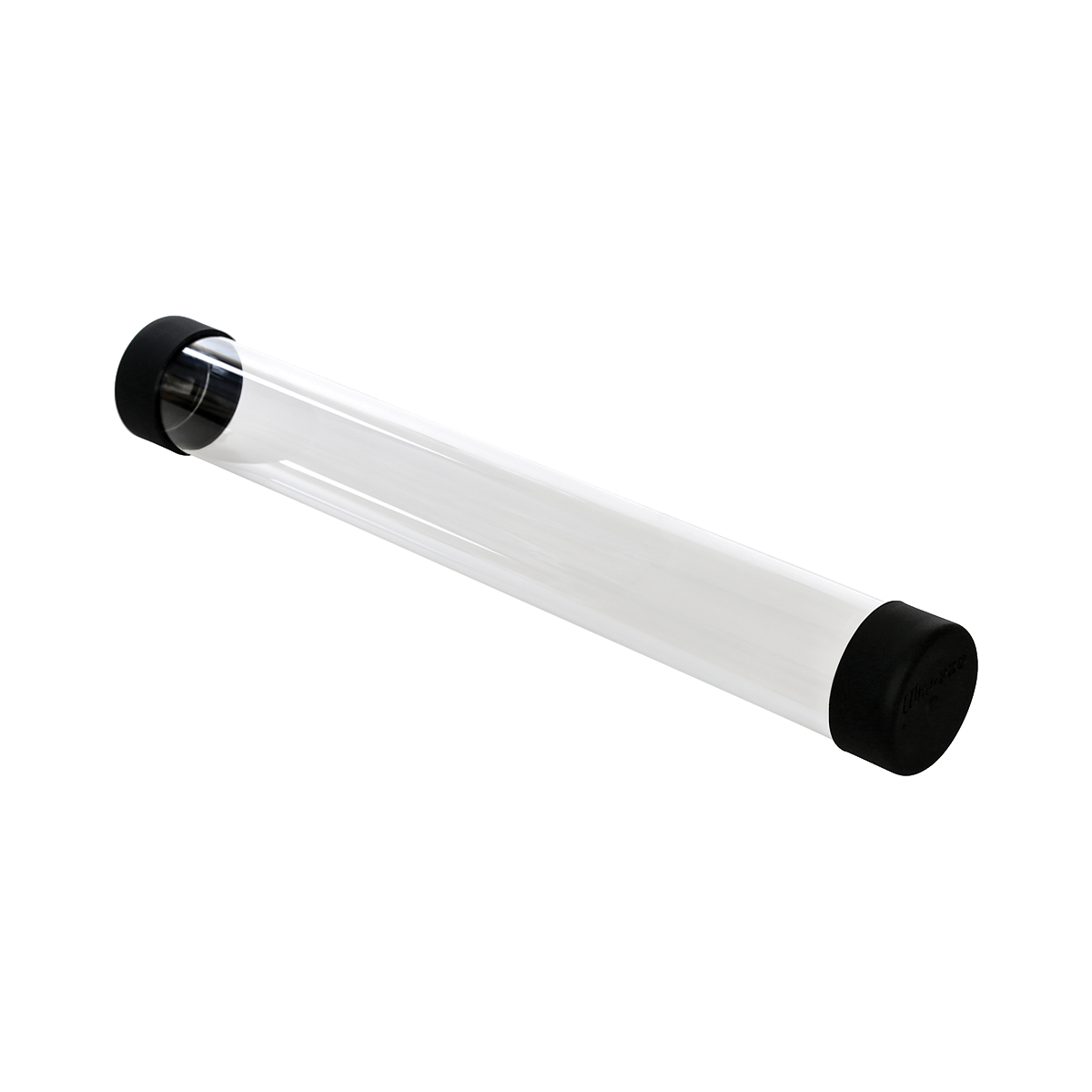 A clear plastic gaming playmat and artwork tube with black end caps. Brand: Unknown, Item: Gaming Playmat and Artwork Tube.