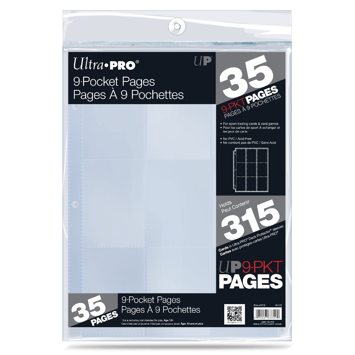 A clear 9-Pocket Page for Standard Size Cards. Brand: Ultra PRO, Item: 9-Pocket Page for Standard Size Cards (35ct).