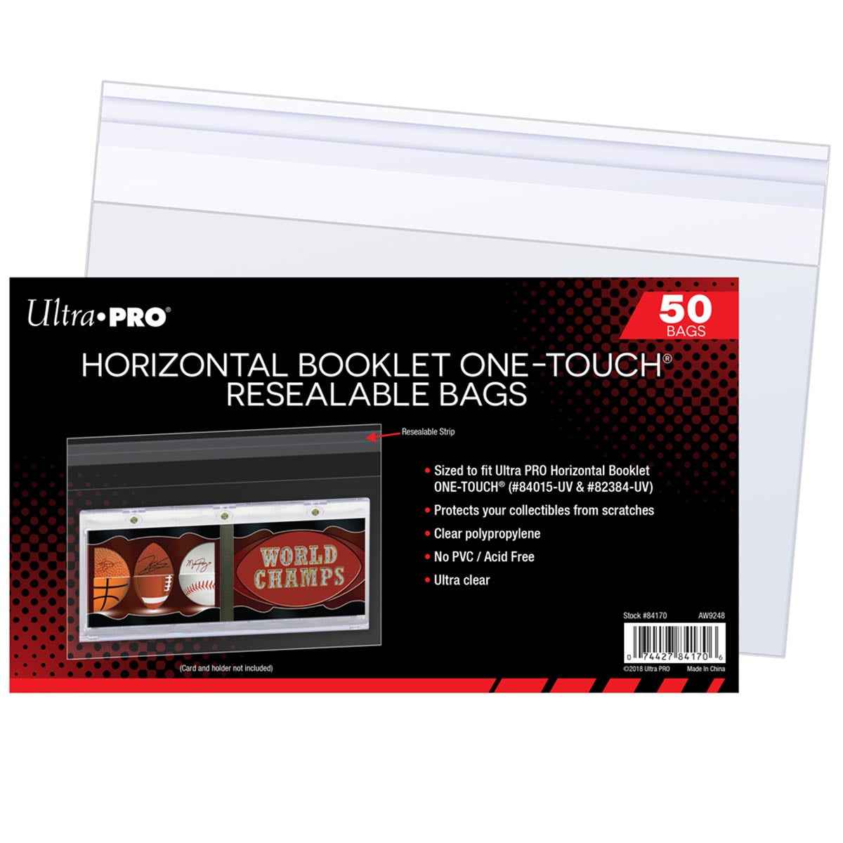 A clear resealable bag for trading cards. Brand: Ultra PRO, Item: Horizontal Booklet ONE-TOUCH Resealable Bags (50ct)