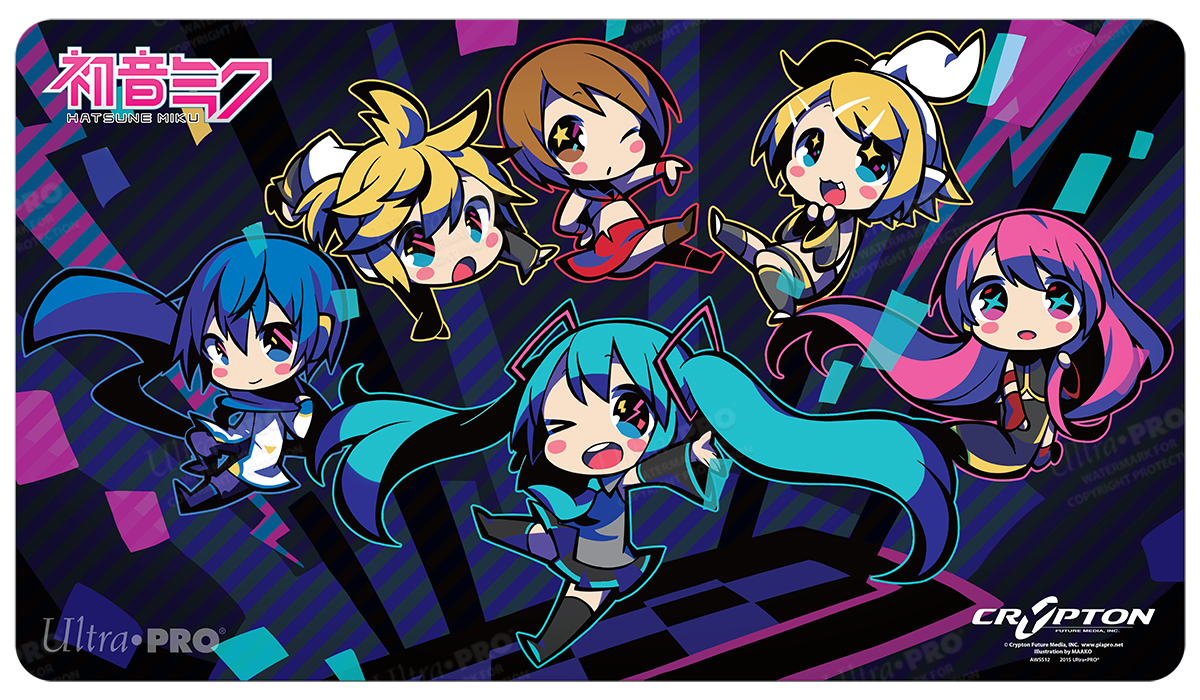 A colorful Chibi Hatsune Miku and friends gaming playmat mousepad. Brand: Ultra PRO, Item: Chibis Standard Gaming Playmat Mousepad for Hatsune Miku.
