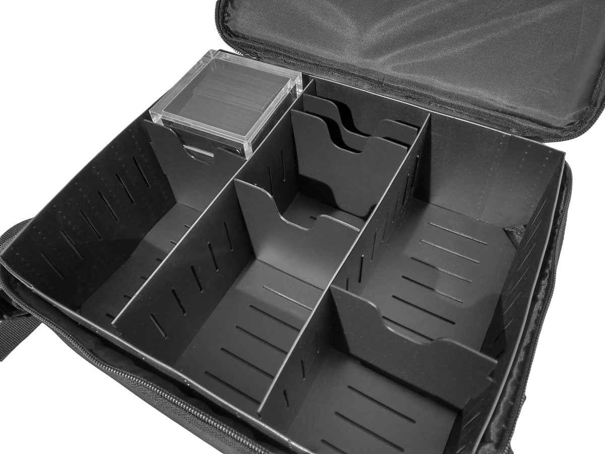 A black deluxe gaming case with adjustable dividers and a clear top compartment. Brand: nan, Item: Deluxe Gaming Case with Black Trim.