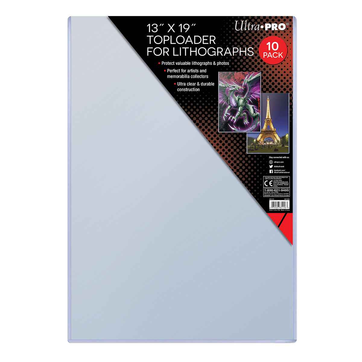 A clear 13" x 19" Toploader for Lithographs. Brand: Ultra PRO, Item: 13" X 19" TOPLOADER FOR LITHOGRAPHS 10 PACK