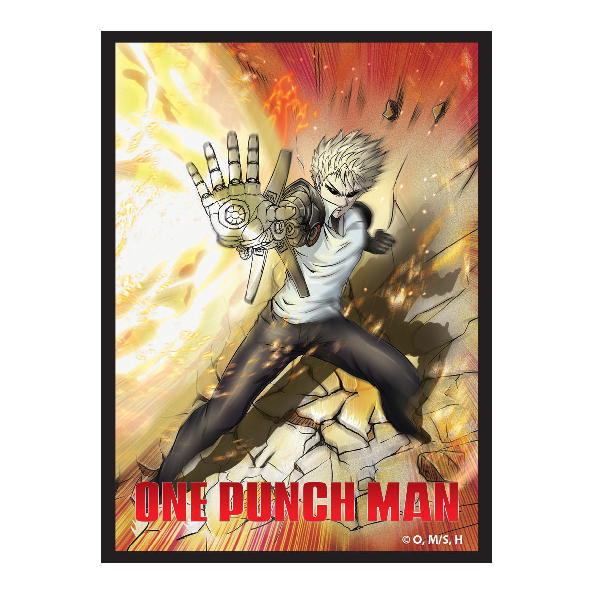 A white and silver Genos Standard DECK PROTECTOR® Sleeves (65ct) for One-Punch Man. Brand: Ultra PRO, Item: Genos Standard DECK PROTECTOR® Sleeves (65ct) for One-Punch Man.