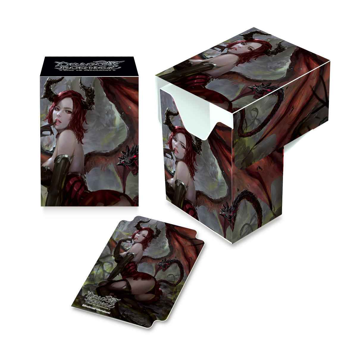 A fantasy art Full-View DECK BOX for Dragoborne featuring an alluring temptress. Brand: Ultra PRO, Item: Alluring Temptress Full-View DECK BOX® for Dragoborne.
