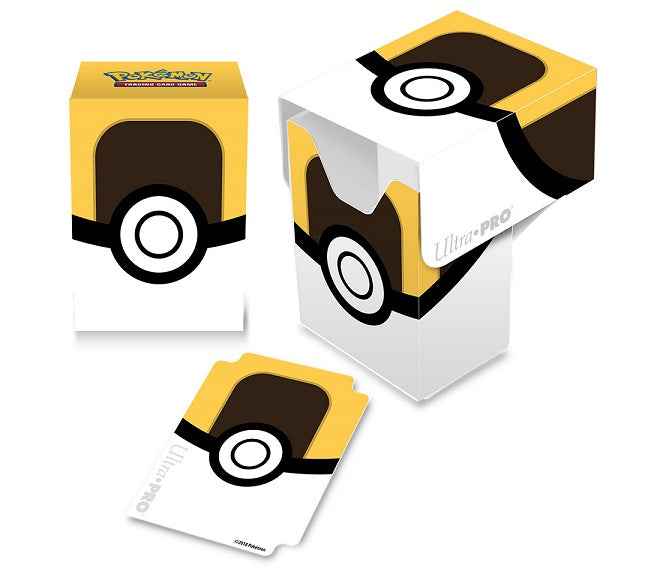 A yellow and white Ultra PRO Ultra Ball Full-View Deck Box for trading cards.