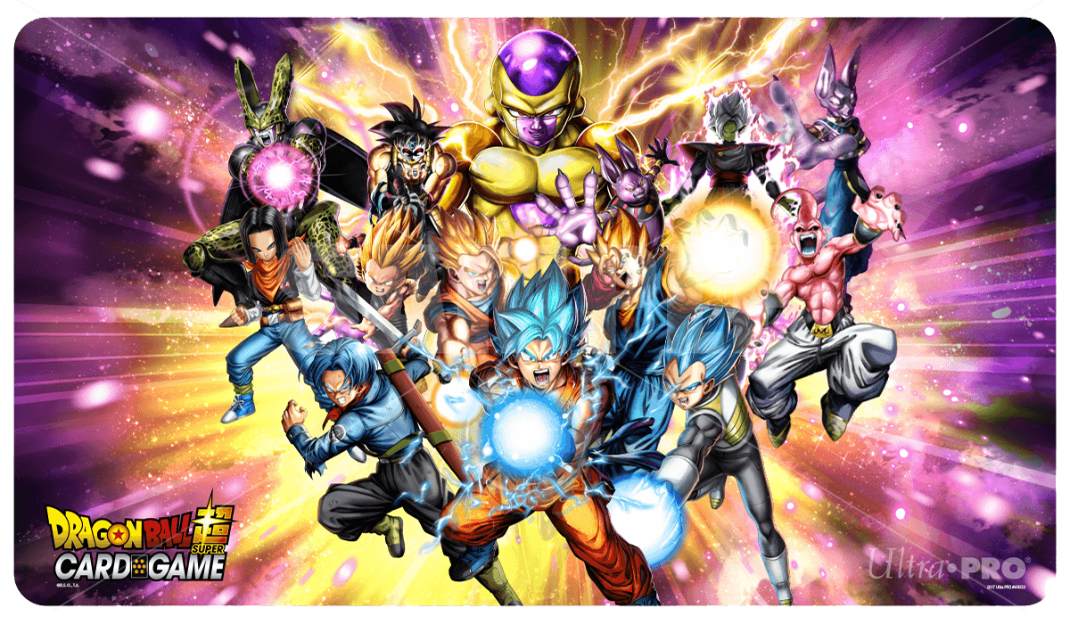 A vibrant Dragon Ball Super All Stars Standard Gaming Playmat by Ultra PRO, featuring Goku, Vegeta, Frieza, Cell, and other iconic characters in an action-packed scene.
