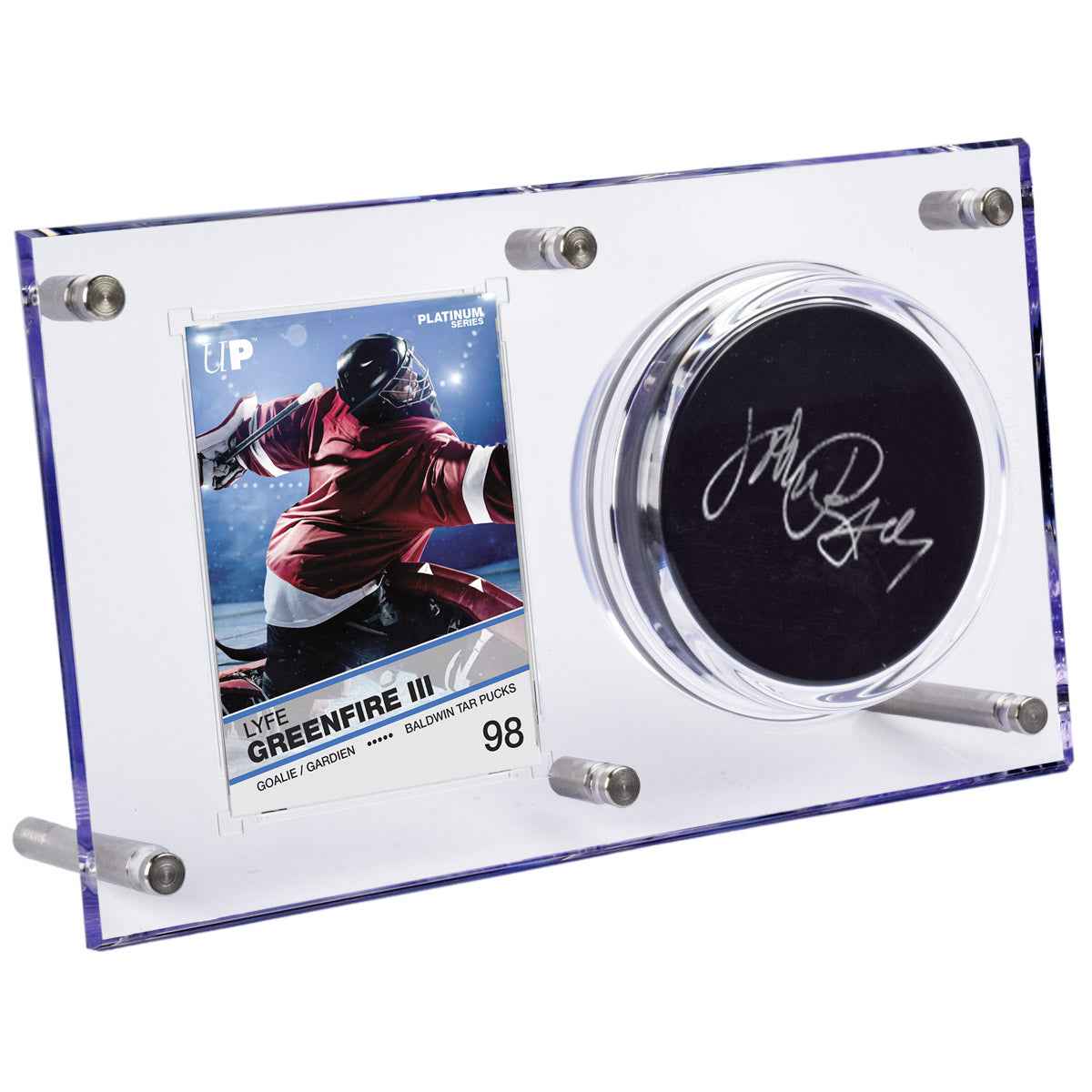 A Clear Hockey Puck and Card Display Case. Brand: Ultra PRO, Item: Hockey Puck & Card (120PT) Clear Flip Display Case.