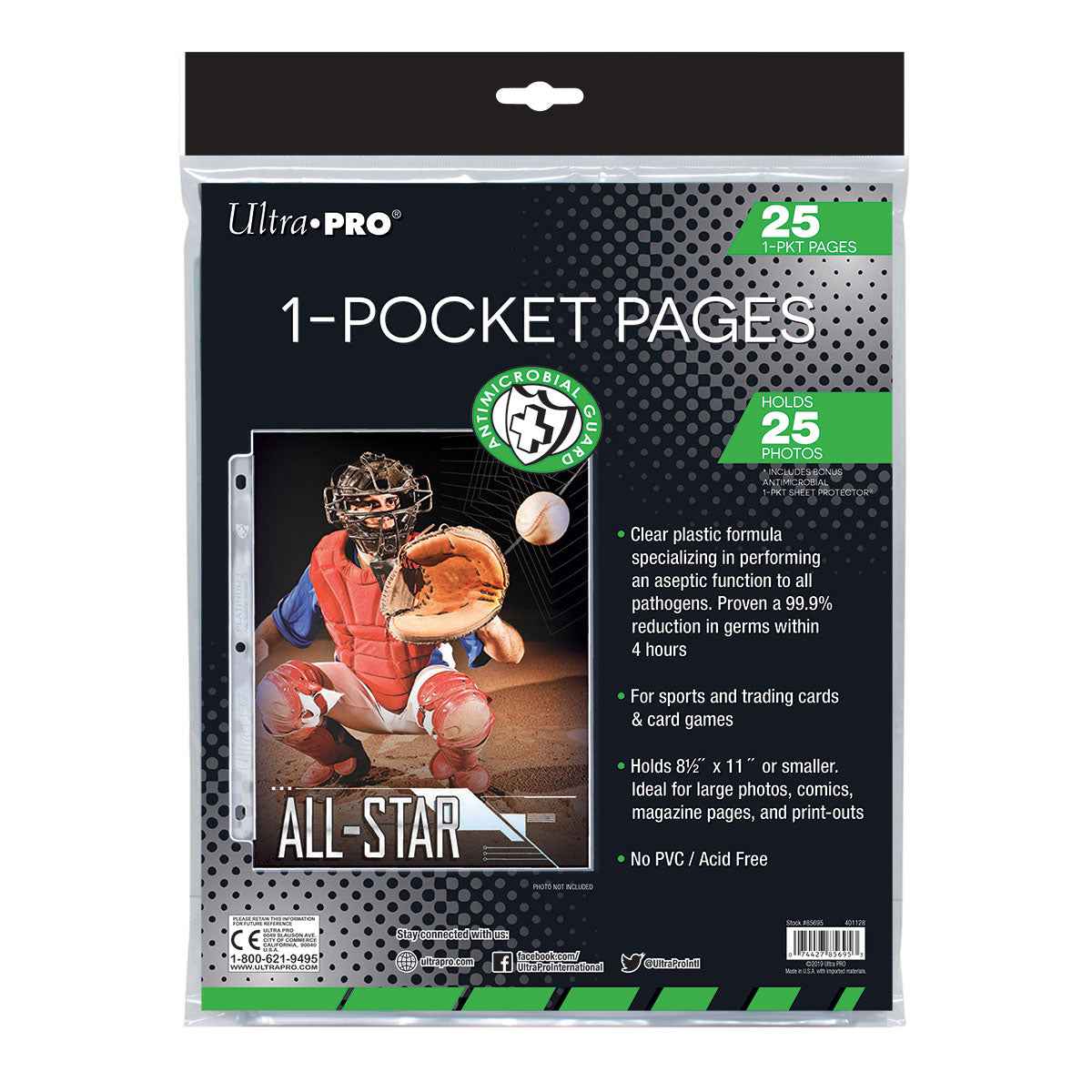 A clear plastic 1-Pocket Page sleeve. Brand: Ultra PRO, Item: Anti-Microbial Guard 1-Pocket Pages (25ct) for 8-1/2" X 11" Sheets.