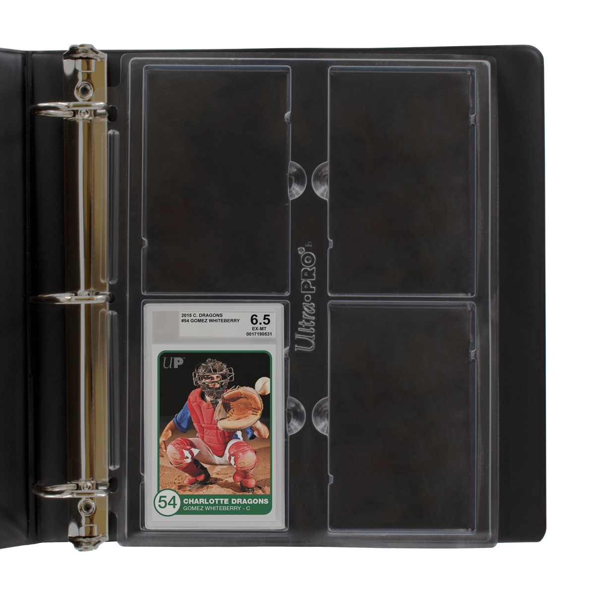 A black 4-pocket page for graded slabs. Brand: Ultra Pro, Item: 4-Pocket Page (1ct) for Graded Beckett Slabs.