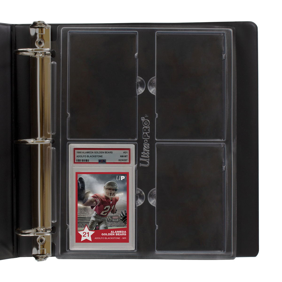 A black 4-pocket page for graded PSA slabs. Brand: Ultra-Pro, Item: 4-Pocket Page (1ct) for Graded PSA Slabs.