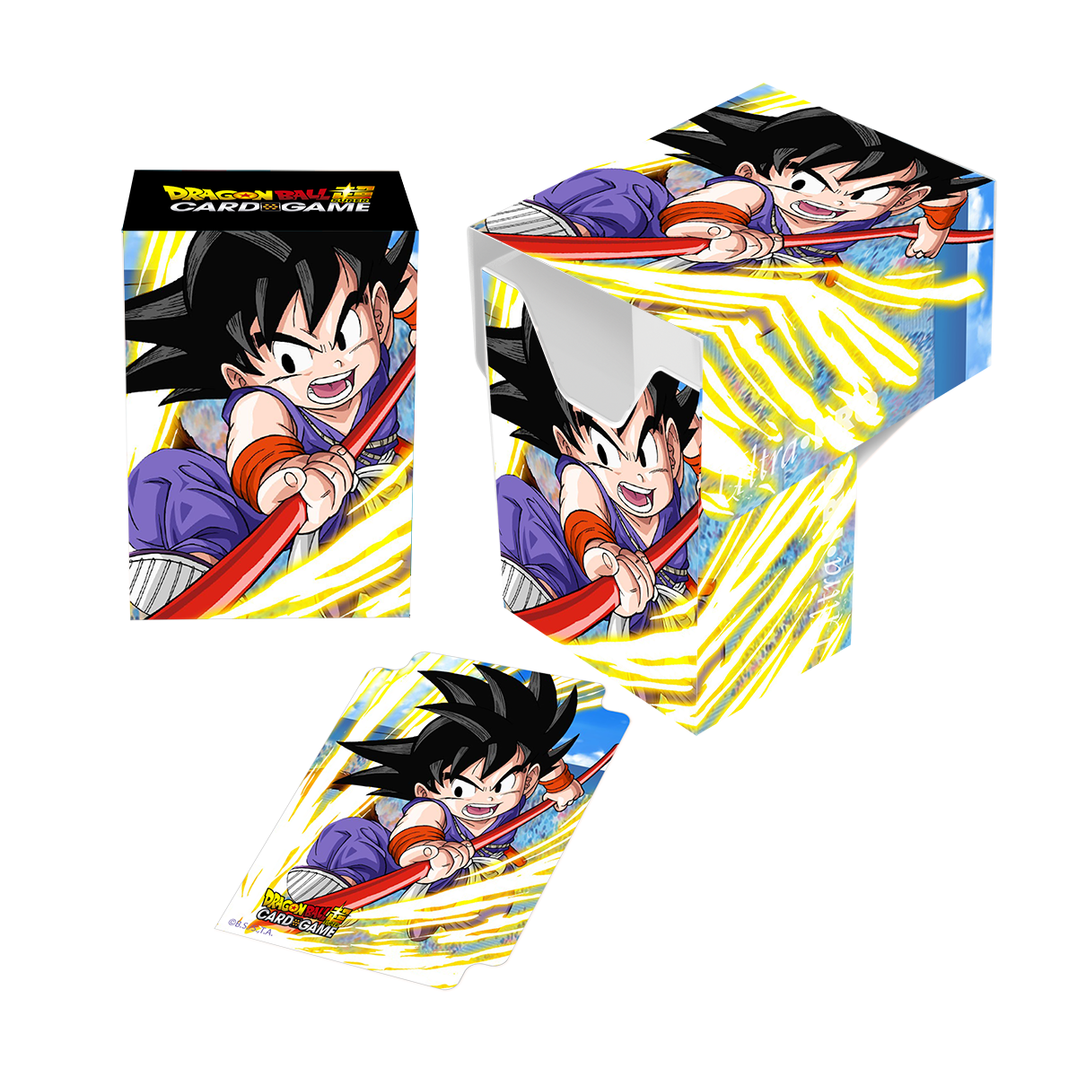 A colorful Dragon Ball Super Card Game Deck Box featuring Son Goku. Brand: Ultra PRO, Item: Explosive Spirit Son Goku Full-View DECK BOX®.