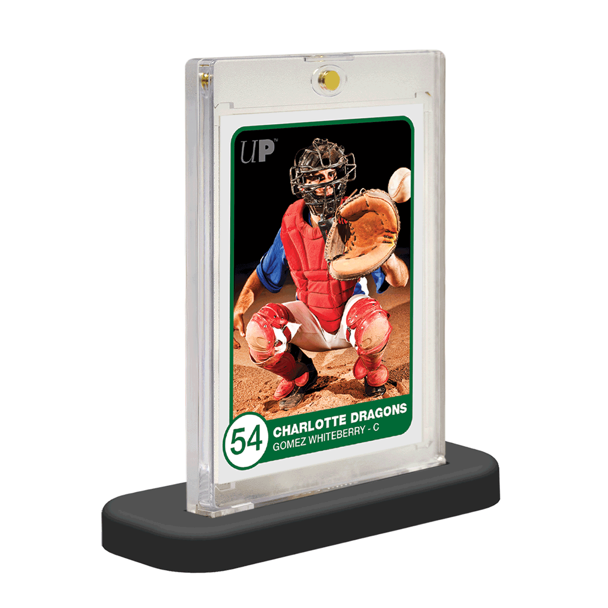 A clear protective case with a baseball card inside, displayed on a black stand. Brand: Ultra PRO, Item: 130PT ONE-TOUCH® & Stands (5ct)