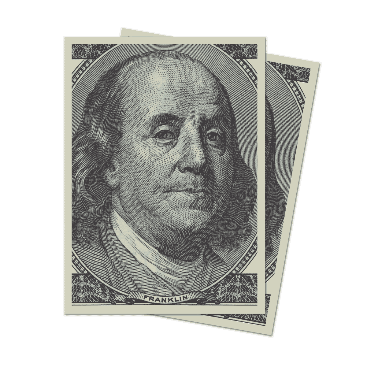 A pair of Fine Art Benjamin Franklin Standard DECK PROTECTOR® Sleeves. Brand: Ultra PRO, Item: Fine Art Benjamin Franklin Standard DECK PROTECTOR® Sleeves (100ct).