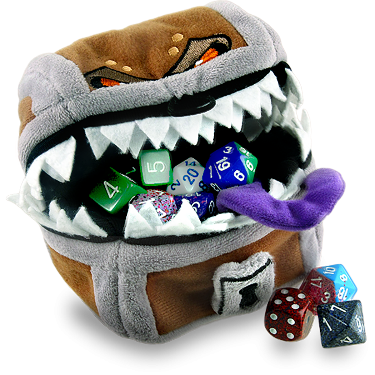 A plush Dungeons & Dragons Mimic Gamer Pouch from Ultra PRO, designed to look like a treasure chest with sharp teeth and a purple tongue, holding various dice.