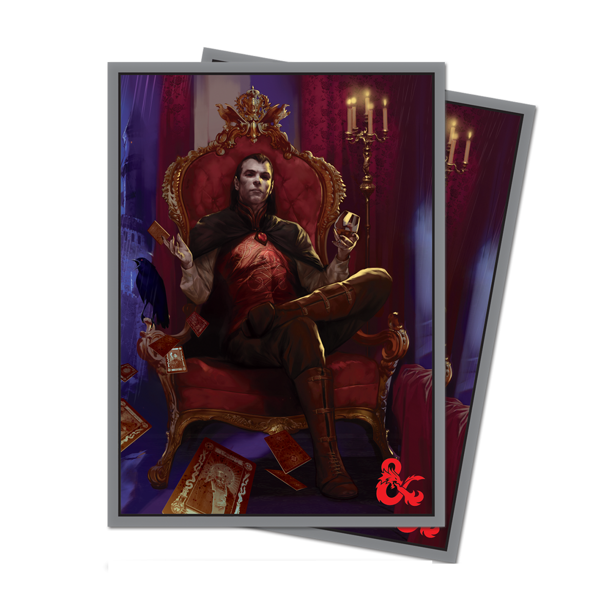 A red and black Count Strahd von Zarovich Standard DECK PROTECTOR® Sleeves (50ct) for Dungeons & Dragons. Brand: Ultra PRO, Item: Count Strahd von Zarovich Standard DECK PROTECTOR® Sleeves (50ct) for Dungeons & Dragons.