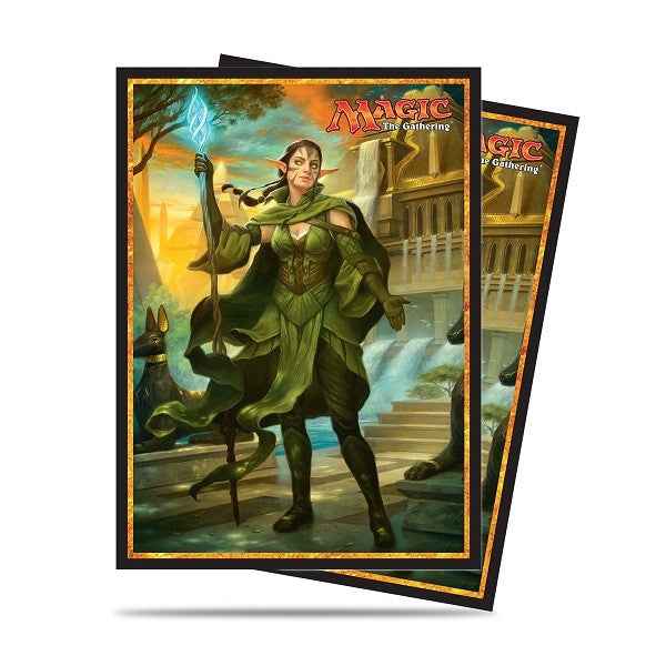 A green and gold Amonkhet Nissa Standard DECK PROTECTOR® Sleeves (80ct) for Magic: The Gathering. Brand: Ultra PRO, Item: Amonkhet Nissa Standard DECK PROTECTOR® Sleeves (80ct)