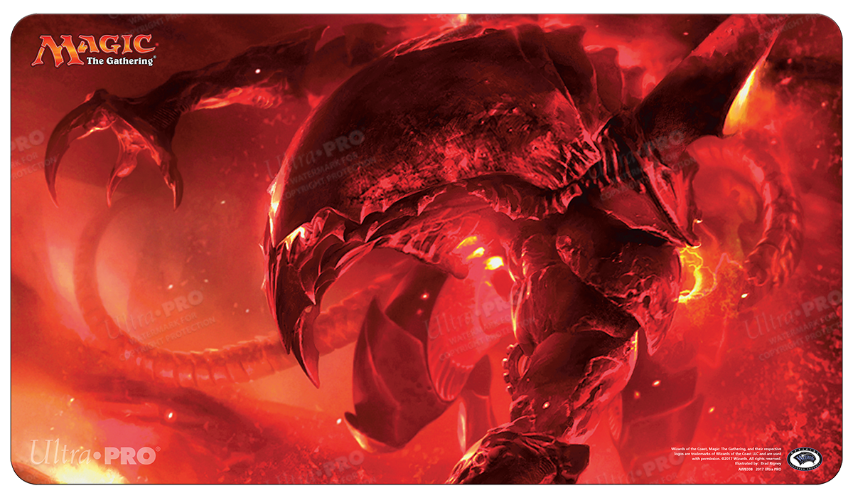 A red and orange Magic: The Gathering playmat featuring Urabrask the Hidden. Brand: Ultra PRO, Item: Iconic Masters Urabrask the Hidden Standard Gaming Playmat.