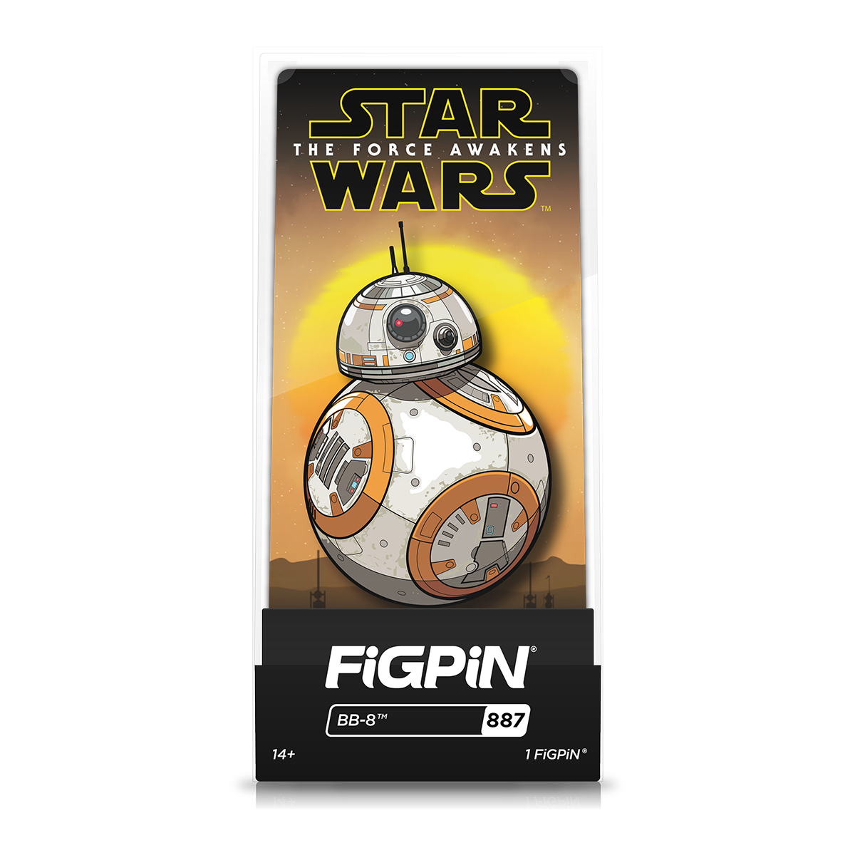 A collectible FiGPiN of BB-8 from Star Wars: The Force Awakens.