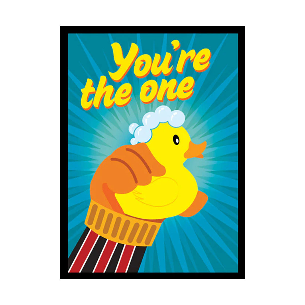 A yellow rubber ducky with bubbles on its head, held by an orange gloved hand. Text reads "You're the one". Brand: Legion Supplies, Item: Ducky Sleeve.