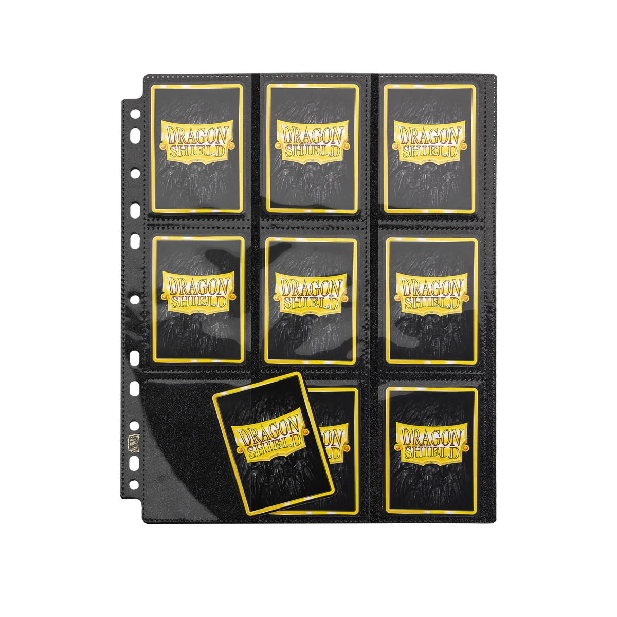 A black 18-pocket page protector for trading cards. Brand: Dragon Shield, Item: 18 Pocket Pages - Regular - Japanese Size.
