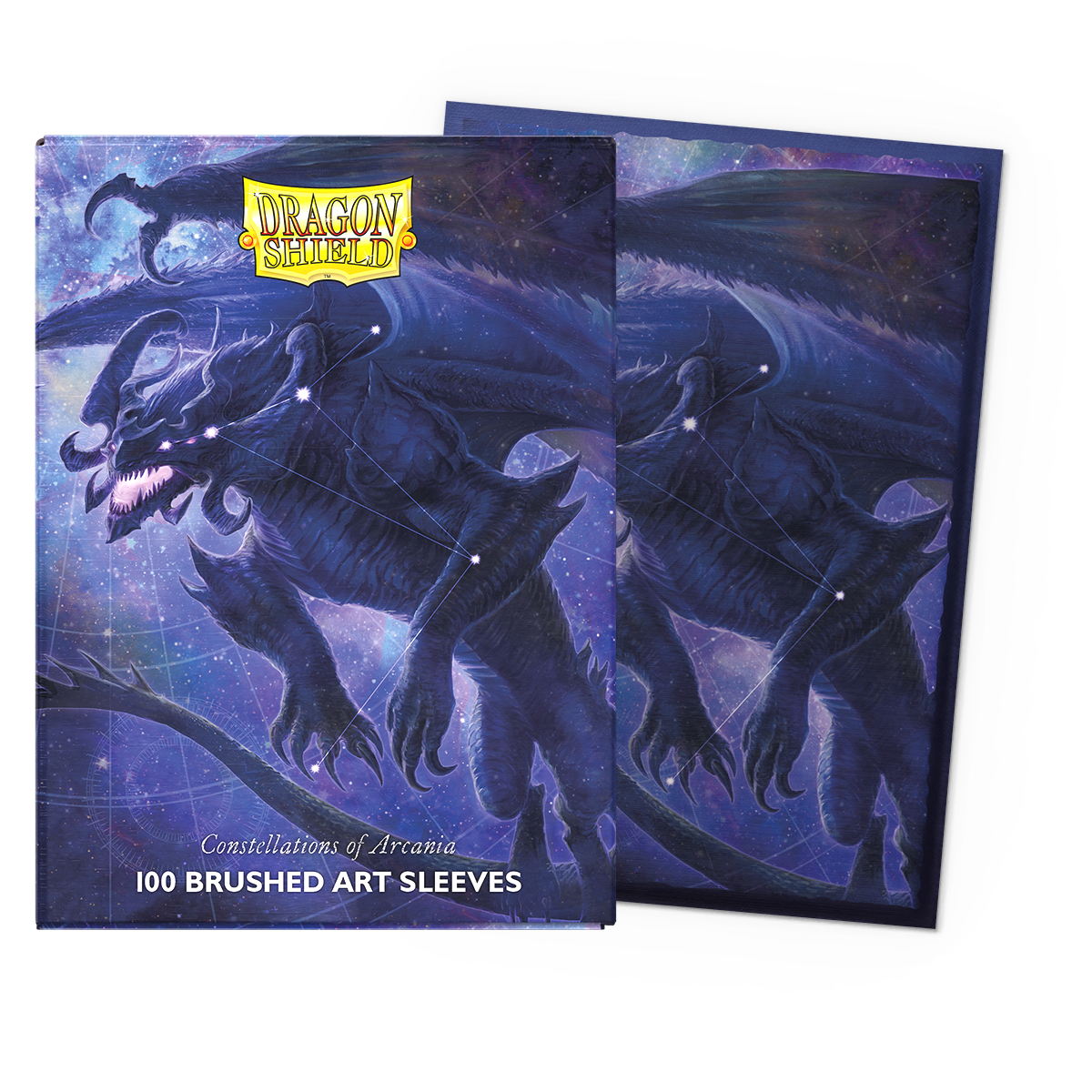 A blue and purple brushed art sleeve featuring a dragon constellation. Brand: Dragon Shield, Item: Constellations of Arcania 100 Brushed Art Sleeves.
